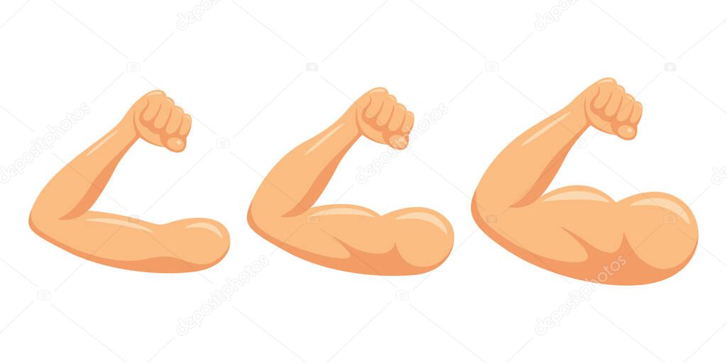 Muscle Growth Stages Vector Illustration. Cartoon Arm Progression From Slim to Muscular. Fitness Transformation Icon for Health, Gym, Workout Graphics. Strong Biceps, Muscle Growth, Bodybuilding.
