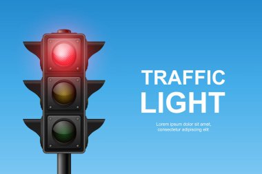 Kırmızı Işıklı Vektör Gerçekçi Trafik Işığı. Odak noktasında yayalar var. Açık Mavi Gökyüzü Arkaplanına Karşı Trafik Işığı Görünümü.