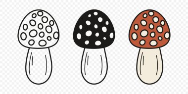 Düz Vektör El Çizim Çizim Karikatürü Uçan Agarik Mantarlar Çizim Çizimi. Amanita Muscaria, Fly Agaric Illustration, Mantarlar. Sihirli Mantar Simgeleri, Tasarım Şablonu.