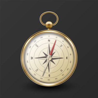 Altın Metalik Çerçeveli Gerçekçi 3D Vektör Pusula, Navigasyon Aracı İllüstrasyonu. Çevirmede Vintage Rüzgar Gül Sembolü, Pusula Simgesi Kapalı, İzole.