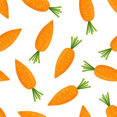 Beyaz Arkaplanda Çizgi Film Havuçlarının Kusursuz Şekilleri. Sağlıklı Yeme, Organik Gıda, Çocuk Besleme, Oyuncak Tasarım Şablonu için Taze Turuncu Havuç Baskısı.