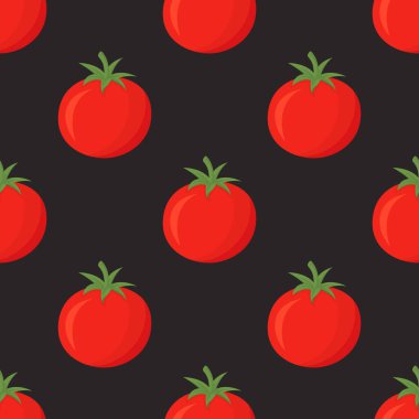 Siyah Arkaplanda Kırmızı Domatesli Kusursuz Vector Deseni. Tekstil için taze domates baskısı, kağıt.