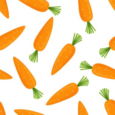 Beyaz Arkaplanda Çizgi Film Havuçlarının Kusursuz Şekilleri. Sağlıklı Yeme, Organik Gıda, Çocuk Besleme, Oyuncak Tasarım Şablonu için Taze Turuncu Havuç Baskısı.