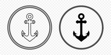 Anchor Icon Set. Flat Monochrome Anchor Shapes in Circular Rope Frame. Nautical Anchor Symbols, Marine Rope Border Design. Vector Illustration. clipart