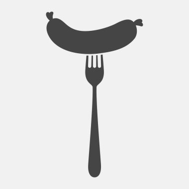 Fork 'ta Düz Vektör Çizgi Sosis ve Beyaz Arkaplan' da Taslak Kapalı Çekim. Menü, BBQ ve Mutfak Tasarımı İçin Vektör Gıda Çizimi.