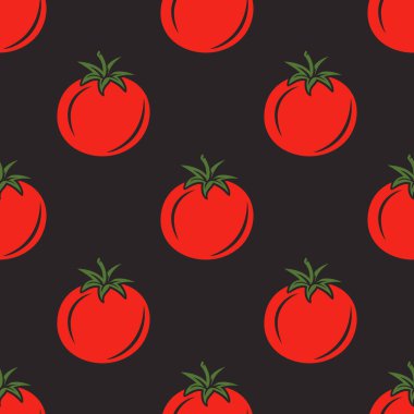 Siyah Arkaplanda Kırmızı Domatesli Kusursuz Vector Deseni. Tekstil için taze domates baskısı, kağıt.