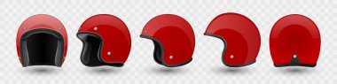Vektör 3d Gerçekçi Boş Kırmızı Parlak Klasik Klasik Klasik Açık Yüzlü Motosiklet Kaskı Mockup Şablonu. Ön, yan ve arka görüş. Motosiklet Başlığı Simgesi, Kapalı, İzole.