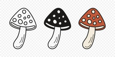 Düz Vektör El Çizim Çizim Karikatürü Uçan Agarik Mantarlar Çizim Çizimi. Amanita Muscaria, Fly Agaric Illustration, Mantarlar. Sihirli Mantar Simgeleri, Tasarım Şablonu.