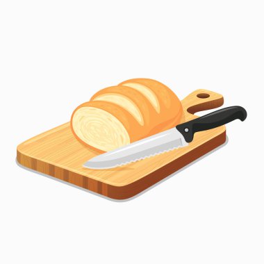 Flat Vector Wooden Cutting Board with Kitchen Knife Icon. Cutting Board and Knife Design Template. Chopping Board with Knife and Loaf of Bread Illustration Isolated on White Background. clipart