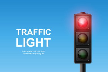 Kırmızı Işıklı Vektör Gerçekçi Trafik Işığı. Odak noktasında yayalar var. Açık Mavi Gökyüzü Arkaplanına Karşı Trafik Işığı Görünümü.