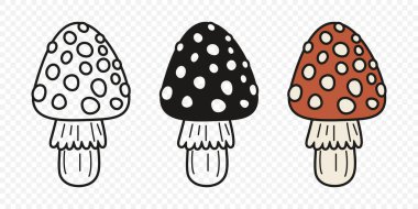 Düz Vektör El Çizim Çizim Karikatürü Uçan Agarik Mantarlar Çizim Çizimi. Amanita Muscaria, Fly Agaric Illustration, Mantarlar. Sihirli Mantar Simgeleri, Tasarım Şablonu.