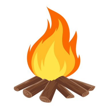 Vector Flat Çizgi Filmi Kütüklü Kamp Ateşi Çizimi. Kamp için tasarım şablonu, açık hava aktiviteleri. Turist Kamp Ateşi Clipart. Doğa, Macera, Seyahat Tasarımları, Açık Hava Kamp Ateşi Çizimi.