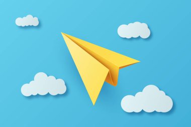 Gerçekçi Sarı Kağıt Uçak Gölgeli Kağıt Bulutlarla Mavi Gökte Uçuyor. Kavramsal Uçuş İllüstrasyonu. Vektör Sanatı. Yaratıcı Havacılık Tasarımı. Kağıt Düzlemli Gökyüzü Sahnesi. Vektör İllüstrasyonu