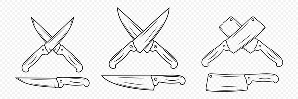 Kitchen Knives Silhouette. Single Color Kitchen Knives. Crossed Knives. Vector Cutout Illustration. Minimalist Knife Icon Set, Design Templates. Flat Style Culinary Tools.