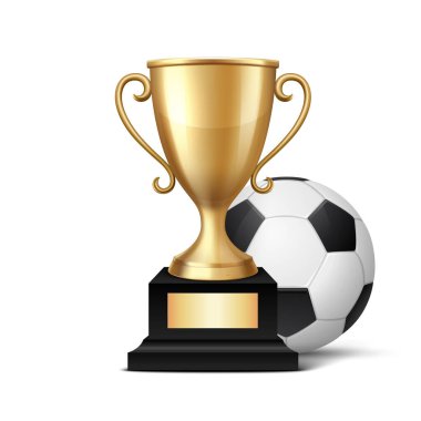 Vektör 3D Gerçekçi Altın Şampiyon Kupası ve Futbol Topu Seti. Spor Şampiyonası Metal Tasarım Şablonu. Kupa ve Futbol Topu, Front View. Spor Kavramları için Vektör İllüstrasyonu.