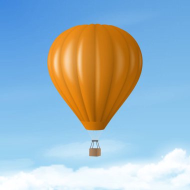 3d Gerçekçi Sıcak Hava Balon Simgesi ile Mavi Gökyüzü Arkaplanındaki Vektör Seyahat Sancağı. Tasarım Şablonu, Yaz Tatili, Seyahat, Turizm ve Seyahat Konsepti.