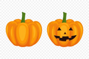 Oyma Yüzlü Vektör Kabak Koleksiyonu. Düz Renkli Balkabağı Çıkartmaları Seti. Cadılar Bayramı, Sonbahar ve Hasat için Şablonlar Tasarım. Şirin ve Eğlenceli Basit Balkabağı Çizimleri.