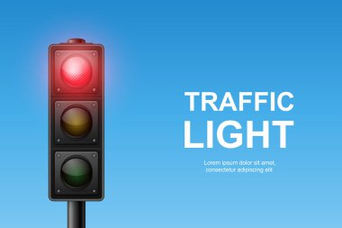 Kırmızı Işıklı Vektör Gerçekçi Trafik Işığı. Odak noktasında yayalar var. Açık Mavi Gökyüzü Arkaplanına Karşı Trafik Işığı Görünümü.