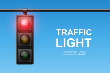 Kırmızı Işıklı Vektör Gerçekçi Trafik Işığı. Odak noktasında yayalar var. Açık Mavi Gökyüzü Arkaplanına Karşı Trafik Işığı Görünümü.