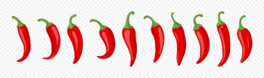 Çizgi film Red Hot Chili Pepper Icon Set Closeup, izole. El yapımı Baharatlı Biber, Vektör İllüstrasyonu.