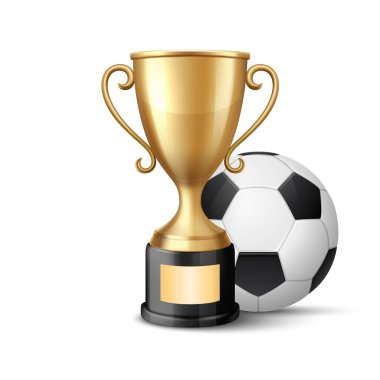 Vektör 3D Gerçekçi Altın Şampiyon Kupası ve Futbol Topu Seti. Spor Şampiyonası Metal Tasarım Şablonu. Kupa ve Futbol Topu, Front View. Spor Kavramları için Vektör İllüstrasyonu.