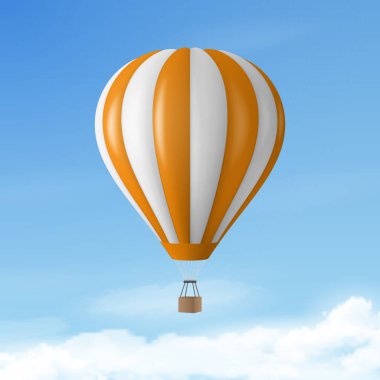 3d Gerçekçi Sıcak Hava Balon Simgesi ile Mavi Gökyüzü Arkaplanındaki Vektör Seyahat Sancağı. Tasarım Şablonu, Yaz Tatili, Seyahat, Turizm ve Seyahat Konsepti.