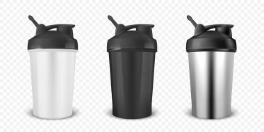 Vektör Gerçekçi 3D Boş Parlak Titreşimli Şişe Seti ve Siyah Kapaklı Spor Destek Sistemleri Hidrasyon Kapatma Kapatma İzole edildi. Paketleme Model Tasarım Şablonu.