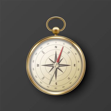 Altın Metalik Çerçeveli Gerçekçi 3D Vektör Pusula, Navigasyon Aracı İllüstrasyonu. Çevirmede Vintage Rüzgar Gül Sembolü, Pusula Simgesi Kapalı, İzole.