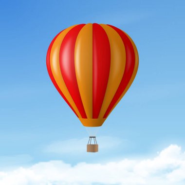 3d Gerçekçi Sıcak Hava Balon Simgesi ile Mavi Gökyüzü Arkaplanındaki Vektör Seyahat Sancağı. Tasarım Şablonu, Yaz Tatili, Seyahat, Turizm ve Seyahat Konsepti.