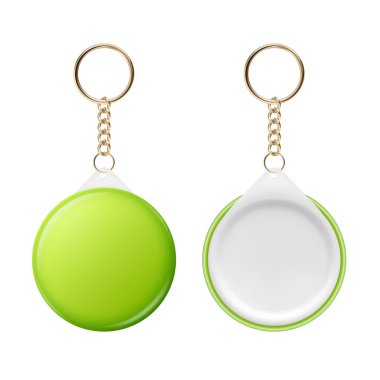 Vektör 3d Gerçekçi Yuvarlak Anahtarlık, Yazdırma için Tasarım Şablonu, Mockup. Promosyon, Hatıra, Parmak izi veya Logo için Yuvarlak Boş Anahtarlık Tasarım Elemanı. Kimlik Rozeti Vektör İllüstrasyonu, Önden, Arkadan Görünüm.