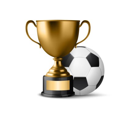 Vektör 3D Gerçekçi Altın Şampiyon Kupası ve Futbol Topu Seti. Spor Şampiyonası Metal Tasarım Şablonu. Kupa ve Futbol Topu, Front View. Spor Kavramları için Vektör İllüstrasyonu.