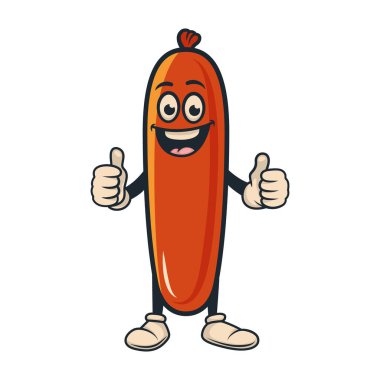 Komik Sosis Maskot Vektör İllüstrasyonu. Komik yüzlü çizgi film karakteri, başparmakları havada, beyaz eldivenli, Retro Style. Şirin Sosis Maskotu Marka, Çıkartma, Reklam İçin Clipart.