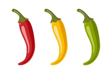 Chili Peppers vektör seti, izole edildi. Kırmızı, sarı, yeşil acı biber, baharatlı gıda malzemeleri, Meksika mutfağı, taze organik sebzeler. Gıda Tasarımı için Vektör İllüstrasyonu.