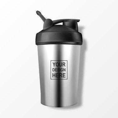 Vektör Gerçekçi 3D Boş Çelik Parlak Sarsıcı Şişe ve Siyah Fıçı Spor Destek Sistemleri Hidrat Kapanması İzole edildi. Paketleme Model Tasarım Şablonu.