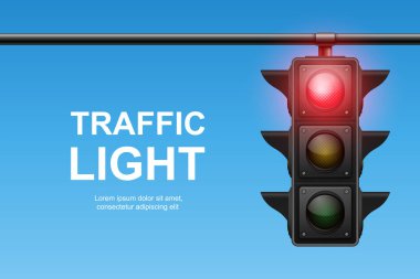 Kırmızı Işıklı Vektör Gerçekçi Trafik Işığı. Odak noktasında yayalar var. Açık Mavi Gökyüzü Arkaplanına Karşı Trafik Işığı Görünümü.