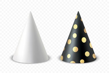 Vektör 3d Gerçekçi Doğum Günü Partisi Şapka Simgesi İzole Edildi. Parti Afişi için Parti Cap Tasarım Şablonu, Tebrik Kartı. Tatil Şapkaları, Koni Şekli, Ön Görünüm.