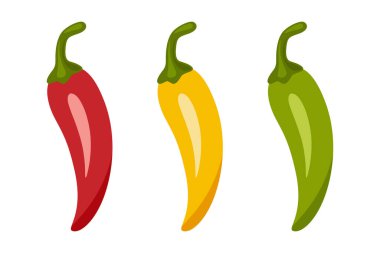 Chili Peppers vektör seti, izole edildi. Kırmızı, sarı, yeşil acı biber, baharatlı gıda malzemeleri, Meksika mutfağı, taze organik sebzeler. Gıda Tasarımı için Vektör İllüstrasyonu.