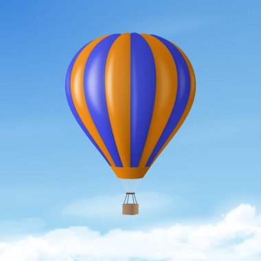 3d Gerçekçi Sıcak Hava Balon Simgesi ile Mavi Gökyüzü Arkaplanındaki Vektör Seyahat Sancağı. Tasarım Şablonu, Yaz Tatili, Seyahat, Turizm ve Seyahat Konsepti.