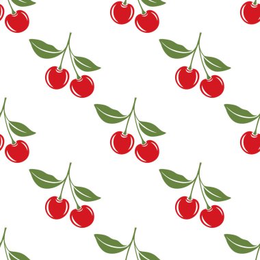 Kesik Kirazlı Vektör Kusursuz Desen. Tek, bir çift kiraz ve yapraklı kiraz kümesi, tekrarlanan yazdırma. Kiraz Sanatı, Tasarım Şablonu, Vektör İllüstrasyonu.