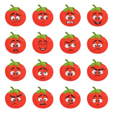 Vektör Domates Yüzlü İfadeler Ayarlandı. Çizgi film Domates Karakterleri, Farklı Duygular. Şirin Yüzler Koleksiyonu, Komik Ruh hali. Mutlu, Öfkeli, Üzgün, Şaşırmış, Gülen, Ağlayan Domates Suratlar.
