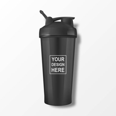 Vektör Gerçekçi 3D Boş Çelik Parlak Sarsıcı Şişe ve Siyah Fıçı Spor Destek Sistemleri Hidrat Kapanması İzole edildi. Paketleme Model Tasarım Şablonu.