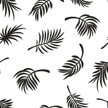 Kusursuz Tropikal Palmiye Yaprakları deseni. Beyaz üzerine Siyah Siluet Egzotik Yapraklar. Vektör Botanik Doğası Çizimi. Orman Yaprağı Dekoratif Tekstil, Duvar Kağıdı, Kumaş, Paket Kağıt Tasarımı.