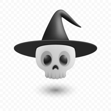 Cadı Şapkalı Ürkütücü Yüzen Kafatası. Gölgeli Korkunç Cadılar Bayramı Hayaleti. Hayaletli Ruh, Cadılar Bayramı için Sihirli Karakter, Cadı Şapkalı Uçan Kafa. 3d Gerçekçi Vektör İllüstrasyonu.