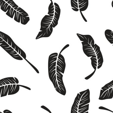 Seamless Tropical Banana Leaf Pattern, Vector Illustration. Black And White Exotic Foliage Background. Monochrome Hand Drawn Botanical, Modern Minimalist Jungle Pattern for Textile, Wallpaper Design.
