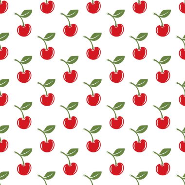 Kesik Kirazlı Vektör Kusursuz Desen. Tek, bir çift kiraz ve yapraklı kiraz kümesi, tekrarlanan yazdırma. Kiraz Sanatı, Tasarım Şablonu, Vektör İllüstrasyonu.