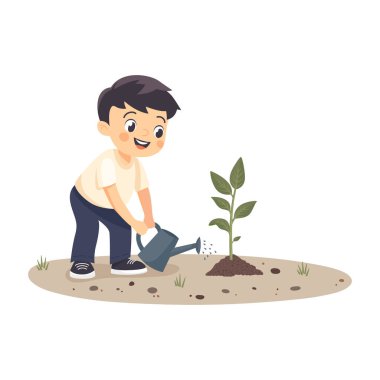 Mutlu çocuk ağaç dikiyor ve suluyor. Çevreci Çocuk Bahçıvanlık, Doğa Koruma, Sürdürülebilirlik. Yeşil Enerji, Ekoloji ve Çevre için Tasarım Şablonu. Vektör İllüstrasyonu.
