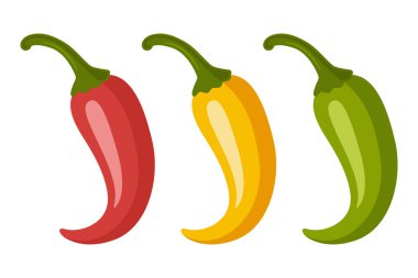 Chili Peppers vektör seti, izole edildi. Kırmızı, sarı, yeşil acı biber, baharatlı gıda malzemeleri, Meksika mutfağı, taze organik sebzeler. Gıda Tasarımı için Vektör İllüstrasyonu.
