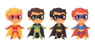 Farklı Renkler Giyen Yakışıklı Süper Kahraman Çocuklar. Maskeli, Pelerinli, Kırmızı, Yeşil, Siyah, Mavi Giysili Erkek Süper Kahramanlar Çizgi Filmi. Çocuk Süper Kahraman Karakterleri.