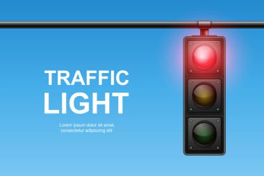 Kırmızı Işıklı Vektör Gerçekçi Trafik Işığı. Odak noktasında yayalar var. Açık Mavi Gökyüzü Arkaplanına Karşı Trafik Işığı Görünümü.