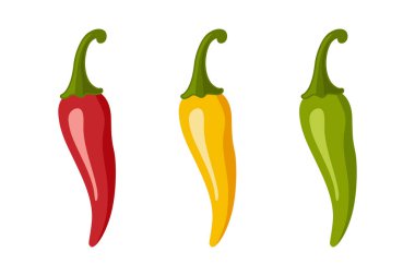 Chili Peppers vektör seti, izole edildi. Kırmızı, sarı, yeşil acı biber, baharatlı gıda malzemeleri, Meksika mutfağı, taze organik sebzeler. Gıda Tasarımı için Vektör İllüstrasyonu.